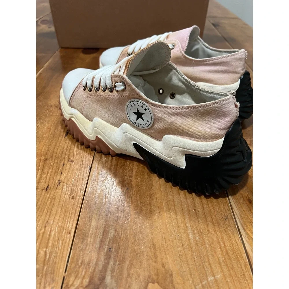 Canvas Fashion Chunky Platform Wavy Lug Sole Sneakers Pink Peach Low Top